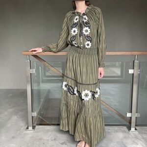 Miss June Khaki Embroidered floral maxi dress - OS​